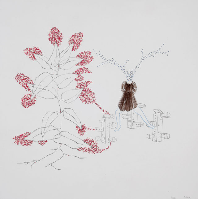 dessin, fil rouge et cheveux brodés sur papier