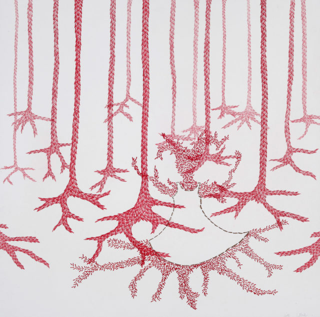 dessin, fil rouge et cheveux brodés sur papier