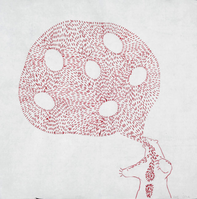 dessin, fil rouge et cheveux brodés sur papier