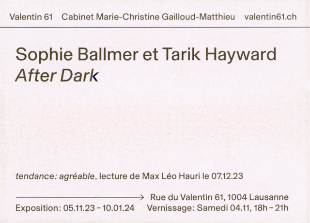 Sophie Ballmer et Tarik Hayward, After Dark